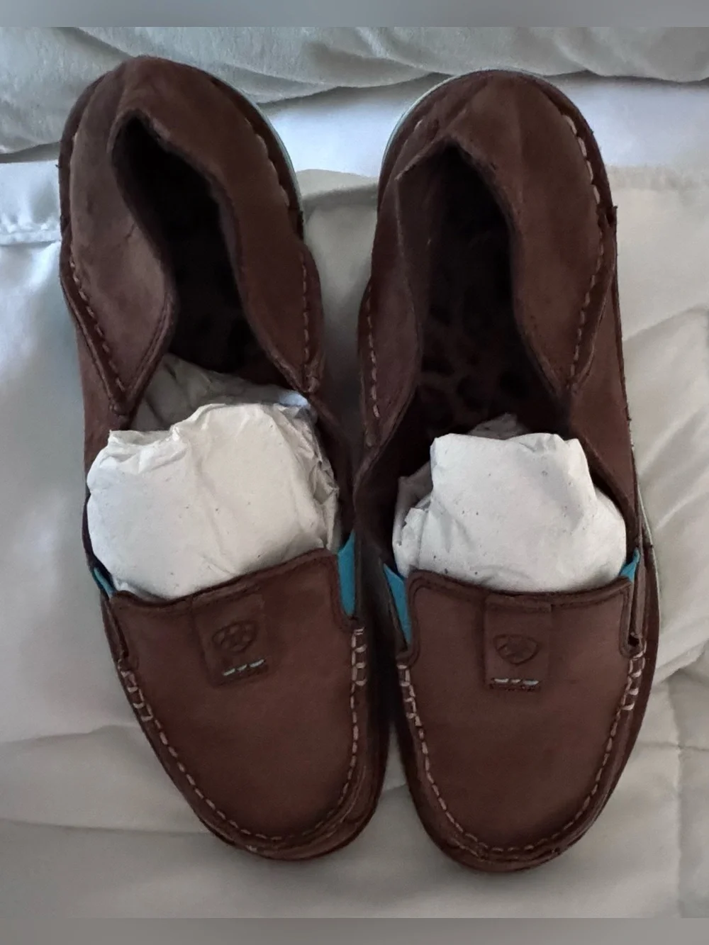 Ariat Brown Suede Slip-On Loafers with Teal Accent for Women